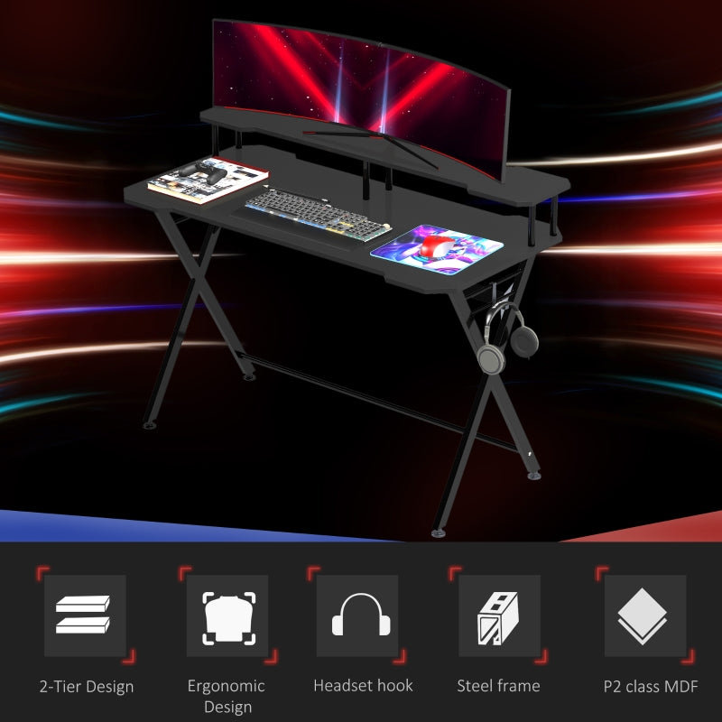 Gaming Desk Writing Racing Computer Table Workstation with Headphone Hook Curved Front Adjustable Feet for Home Office Use