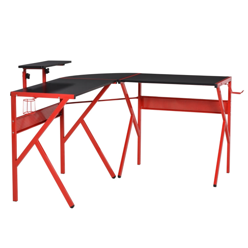 Gaming Desk L-Shaped Corner Computer Table for Home Office PC Workstations with Adjustable Monitor Stand Cup Holder Headphone Hook 125x125x75cm, Red