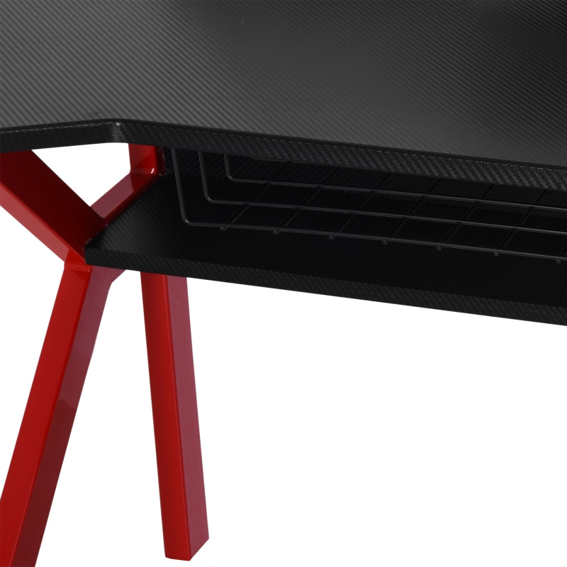 Gaming Desk Computer Table with Monitor Stand, Cup Holder, Headphone Hook, Wire Basket and Metal Frame, Red