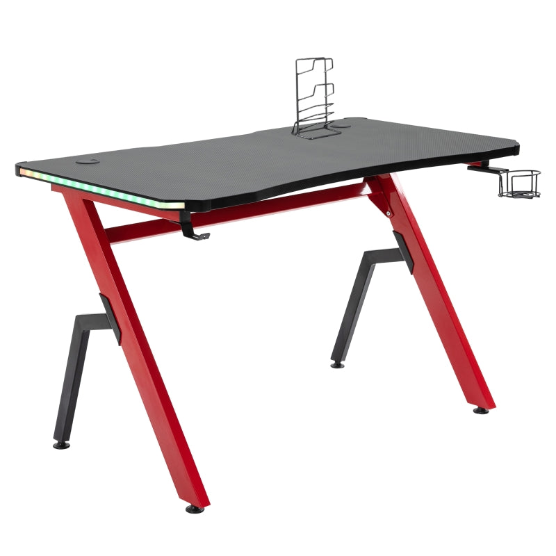 Racing Style LED Gaming Desk Office Desk Computer Table RGB Carbon Fibre Surface Headphone Hook Cup Holder Controller Rack Black And Red