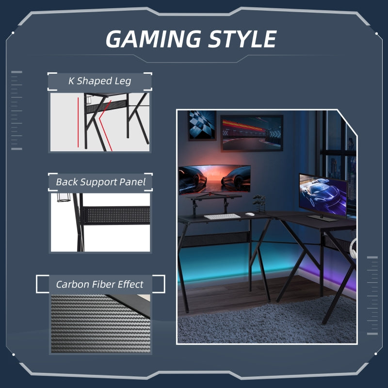 Gaming Desk L-Shaped Corner Computer Table for Home Office PC Workstations with Adjustable Monitor Stand Cup Holder Headphone Hook 125x125x75cm, Black