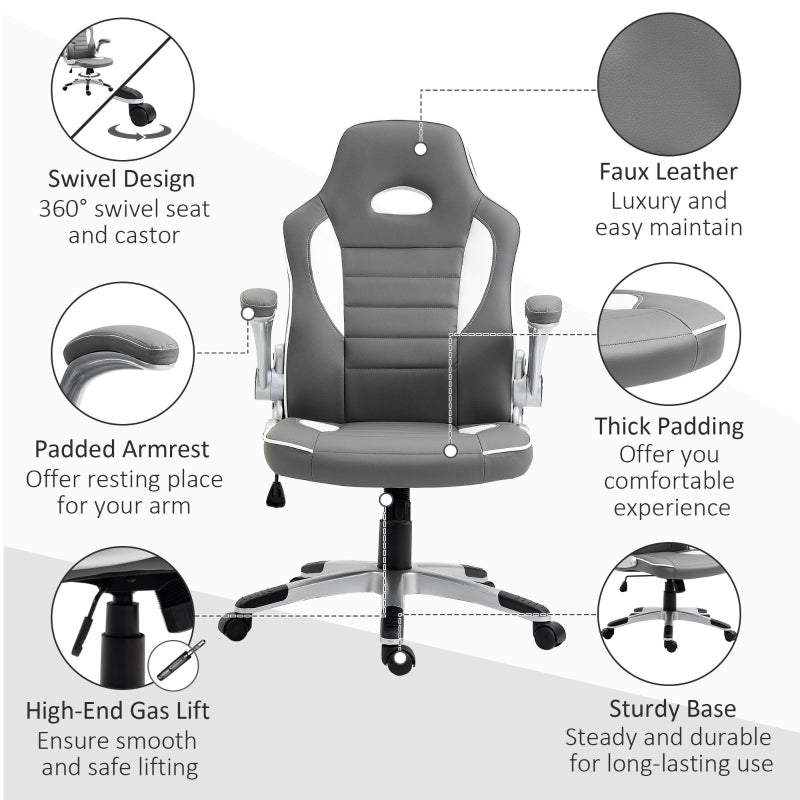 Computer Gaming Chair, Office Desk Swivel Chair, PU Leather Racing Chair with 90° Flip-up Armrest, Adjustable Height and Rolling Wheels, Grey