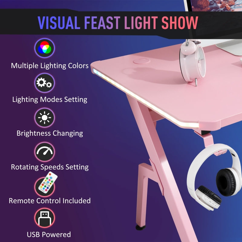 LED Pink Gaming Desk Office Desk Computer Table RGB Carbon Fibre Surface Headphone Hook Cup Holder Controller Rack Pink