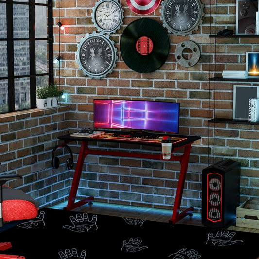 Gaming Desk Steel Frame w/ Cup Headphone Holder Adjustable Feet Cable Organiser Home Office Computer Table Red