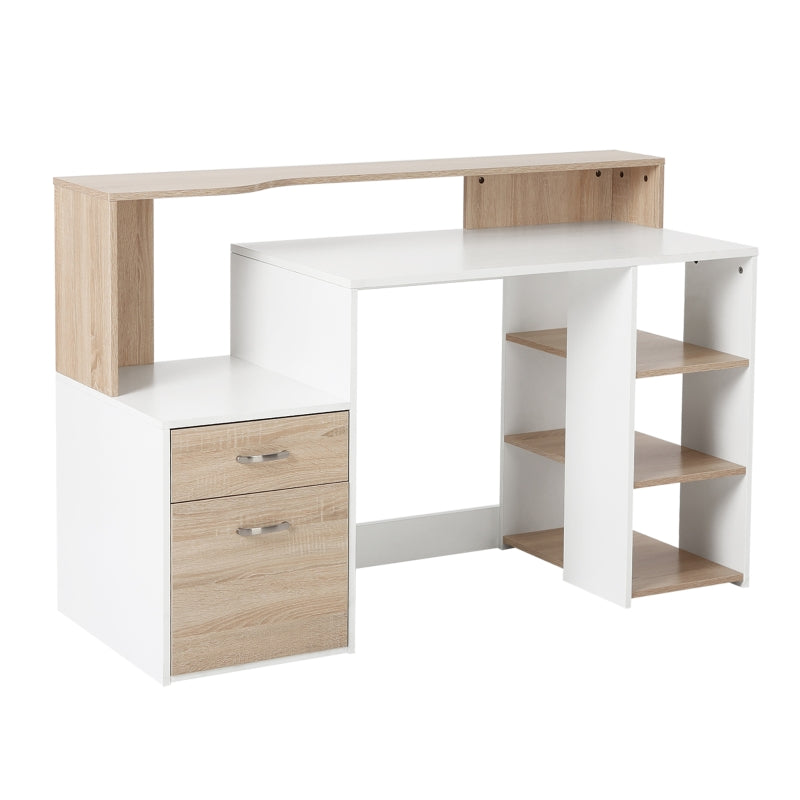 Modern Computer Desk with Drawers and Storage Shelves, Study Workstation, Writing Desk with Printer Stand for Home Office, Oak and White