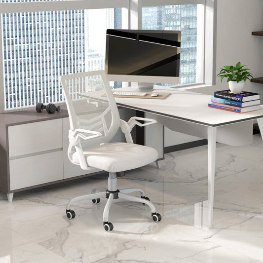 Mesh Office Chair, Gaming Chair, Computer Desk Chair with Flip-up Armrests, Lumbar Back Support and Swivel Wheels, White