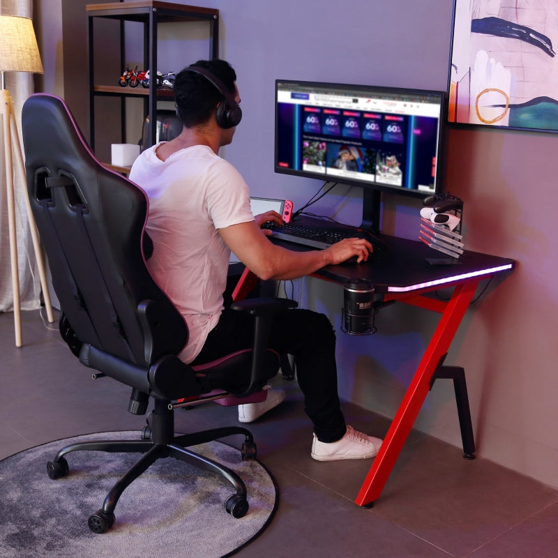 Racing Style LED Gaming Desk Office Desk Computer Table RGB Carbon Fibre Surface Headphone Hook Cup Holder Controller Rack Black And Red