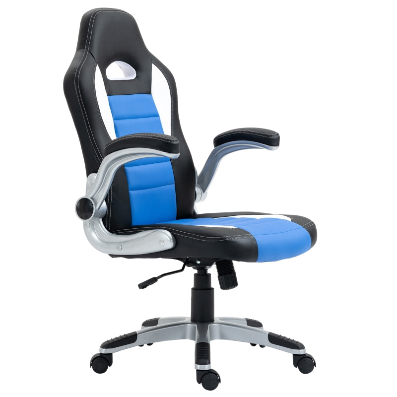 Computer Gaming Chair, Office Desk Swivel Chair, PU Leather Racing Chair with 90° Flip-up Armrest, Adjustable Height and Rolling Wheels, Blue