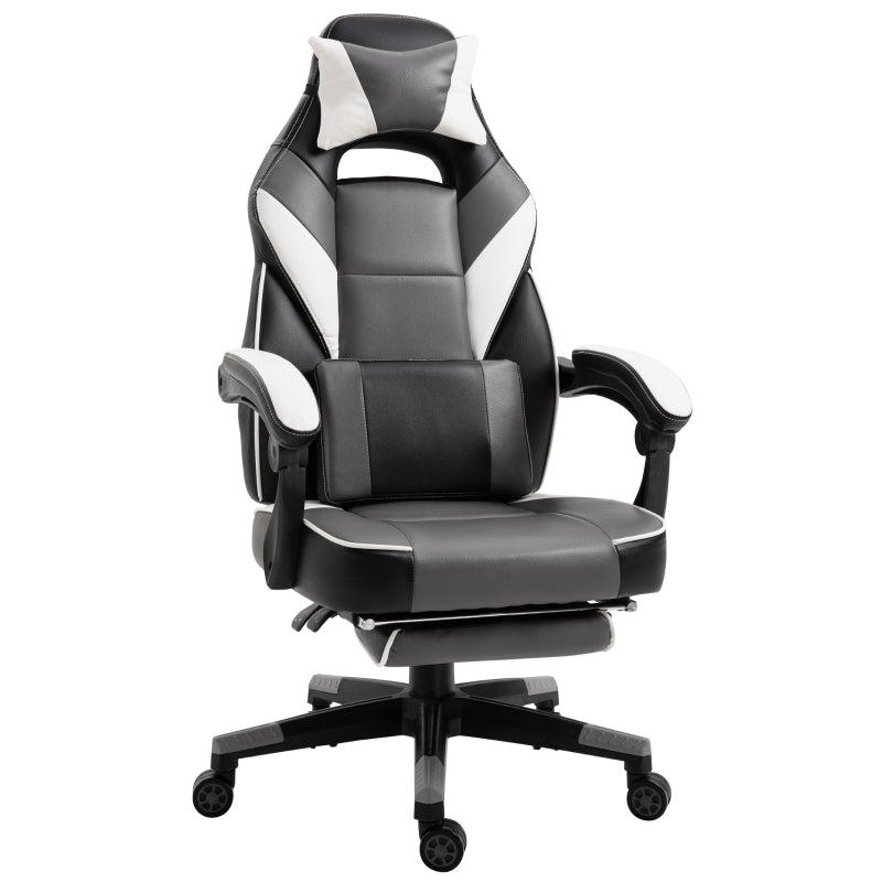 Gaming Chair Ergonomic Recliner w/ Thick Padding Footrest Headrest Lumbar Pillow 5 Wheels Racing Swivel Height Adjustable Home Office Chair Grey