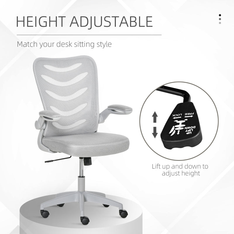 Mesh Office Gaming Chair for Home Swivel Task Desk Chair with Lumbar Back Support, Flip-Up Arm, Adjustable Height, White/Grey