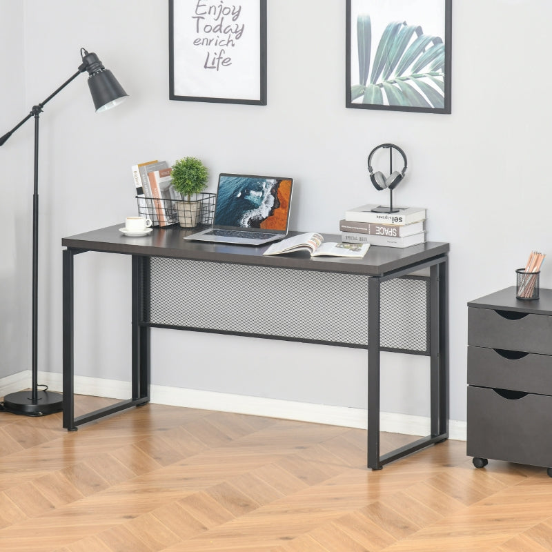 Computer Desk 135cm, Writing Table for Home Office, Study Workstation with Metal Frame, Brown and Black