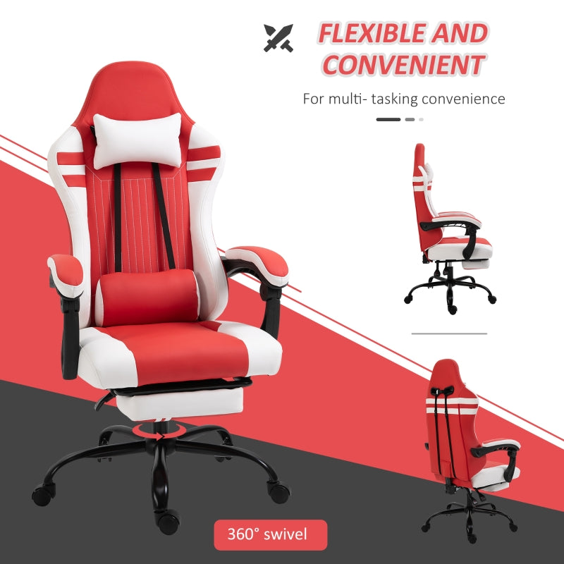 PU Leather Gaming Chair with Headrest, Footrest, Wheels, Adjustable Height, Racing Gamer Chair, Red White
