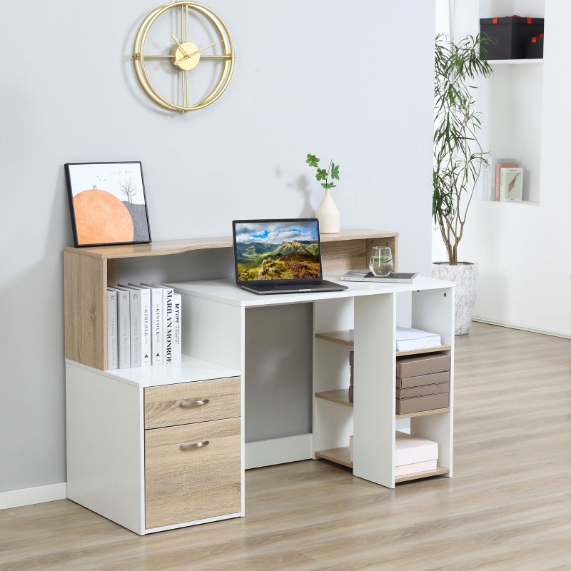 Modern Computer Desk with Drawers and Storage Shelves, Study Workstation, Writing Desk with Printer Stand for Home Office, Oak and White