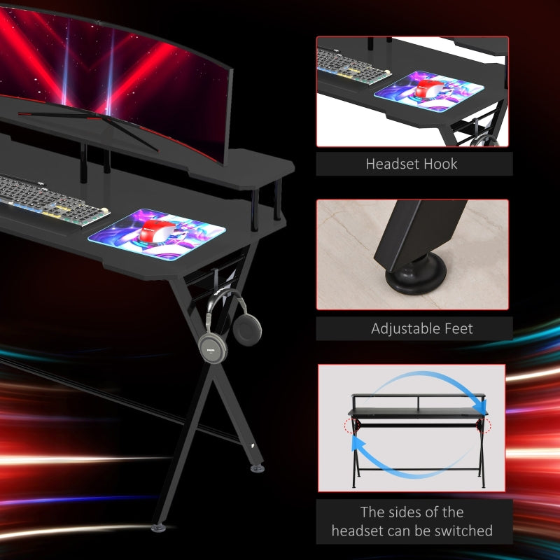 Gaming Desk Writing Racing Computer Table Workstation with Headphone Hook Curved Front Adjustable Feet for Home Office Use