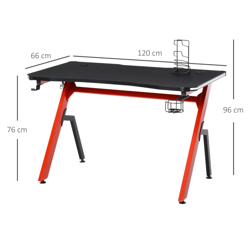 Racing Style LED Gaming Desk Office Desk Computer Table RGB Carbon Fibre Surface Headphone Hook Cup Holder Controller Rack Black And Red