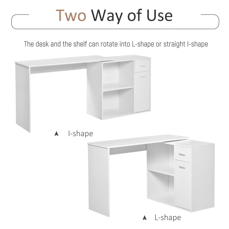 L-Shaped Desk Computer Corner Desk, Adjustable Dining Table with Storage Shelf and Drawer, Workstation for Home Office, White