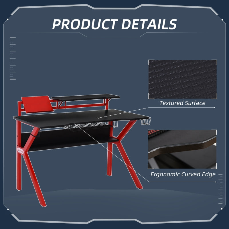 Gaming Desk Computer Table with Monitor Stand, Cup Holder, Headphone Hook, Wire Basket and Metal Frame, Red