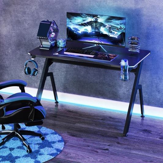 Racing Style LED Gaming Desk Office Desk Computer Table RGB Carbon Fibre Surface Headphone Hook Cup Holder Controller Rack Black