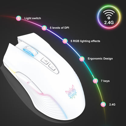 Wireless White Gaming Mouse Office Mouse Work Mouse 3600 adjustable DPI RGB LED Light