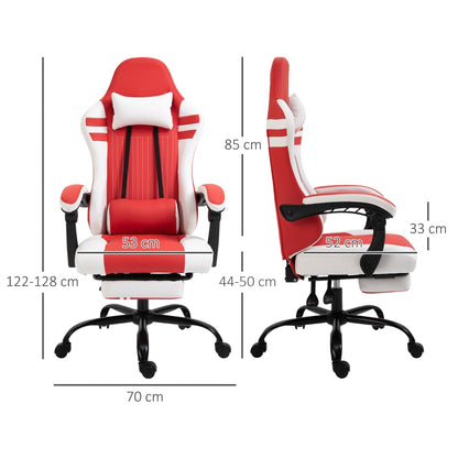 PU Leather Gaming Chair with Headrest, Footrest, Wheels, Adjustable Height, Racing Gamer Chair, Red White