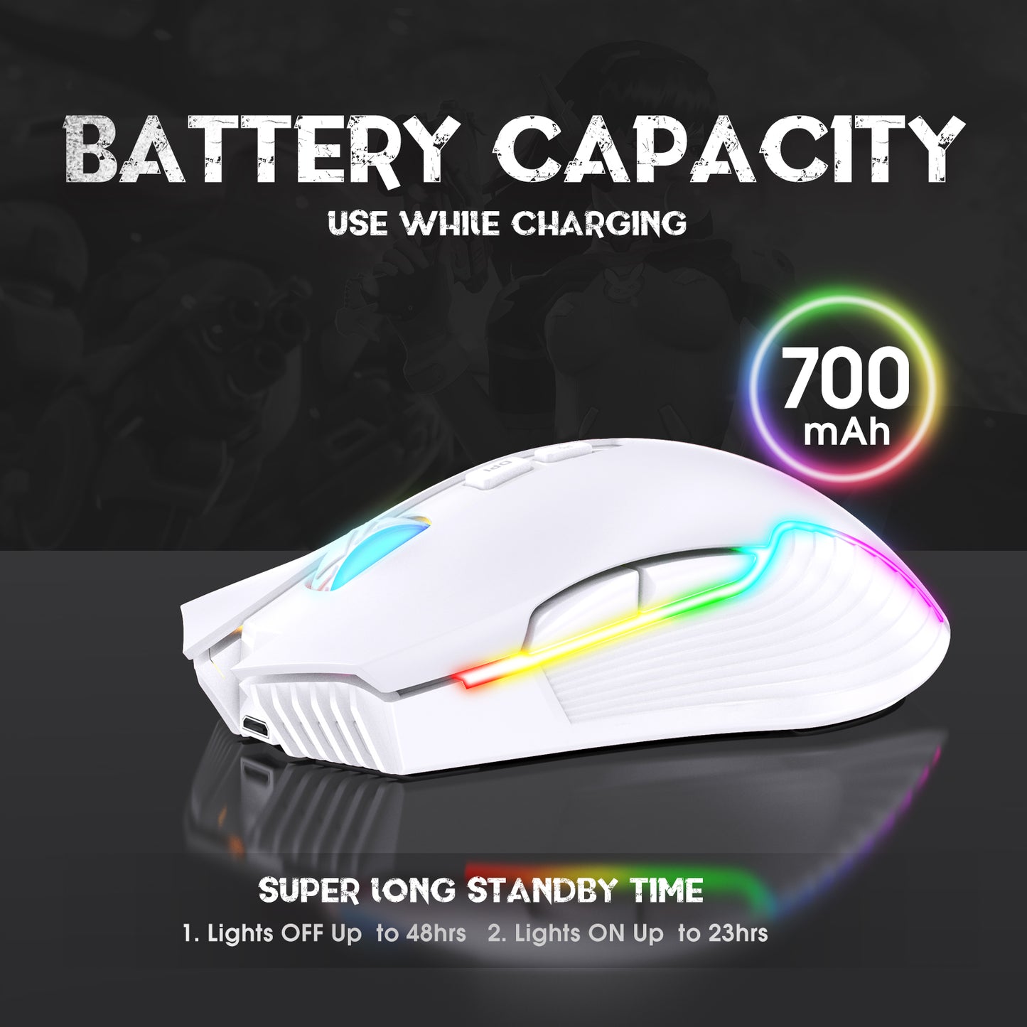Wireless White Gaming Mouse Office Mouse Work Mouse 3600 adjustable DPI RGB LED Light