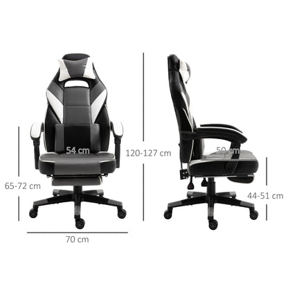 Gaming Chair Ergonomic Recliner w/ Thick Padding Footrest Headrest Lumbar Pillow 5 Wheels Racing Swivel Height Adjustable Home Office Chair Grey