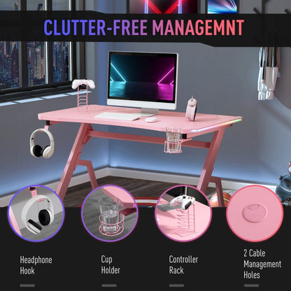 Racing Style LED Gaming Desk Office Desk Computer Table RGB Carbon Fibre Surface Headphone Hook Cup Holder Controller Rack Pink