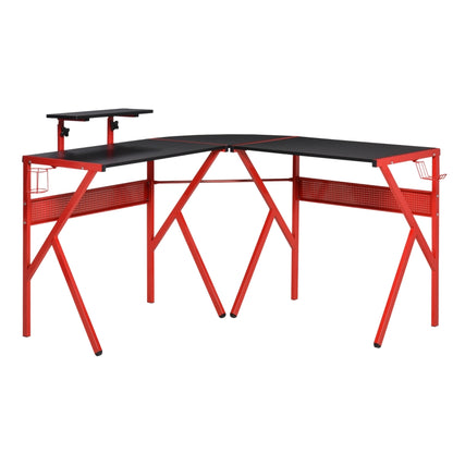 Gaming Desk L-Shaped Corner Computer Table for Home Office PC Workstations with Adjustable Monitor Stand Cup Holder Headphone Hook 125x125x75cm, Red