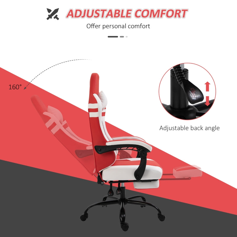 PU Leather Gaming Chair with Headrest, Footrest, Wheels, Adjustable Height, Racing Gamer Chair, Red White