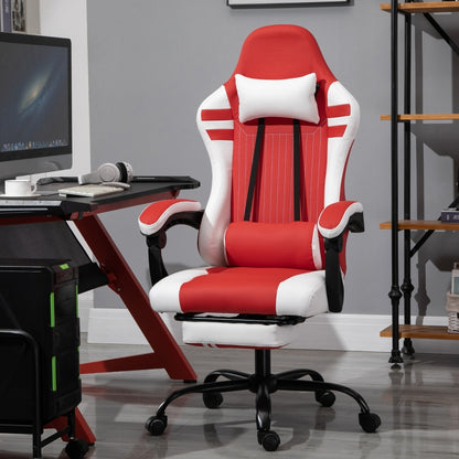 PU Leather Gaming Chair with Headrest, Footrest, Wheels, Adjustable Height, Racing Gamer Chair, Red White