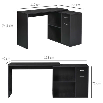 L-Shaped Desk Computer Corner Desk, Adjustable Dining Table with Storage Shelf and Drawer, Workstation for Home Office, Black