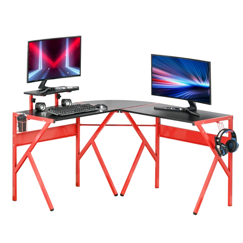 Gaming Desk L-Shaped Corner Computer Table for Home Office PC Workstations with Adjustable Monitor Stand Cup Holder Headphone Hook 125x125x75cm, Red