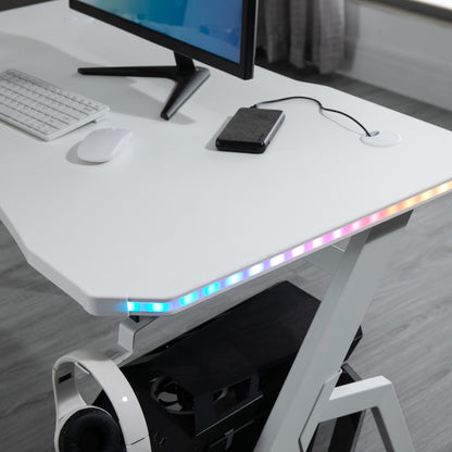 Racing Style LED Gaming Desk, Home Office Desk, Computer Table with RGB LED Lights, Carbon Fibre Surface, Headphone Hook, Cup Holder, Controller Rack, White