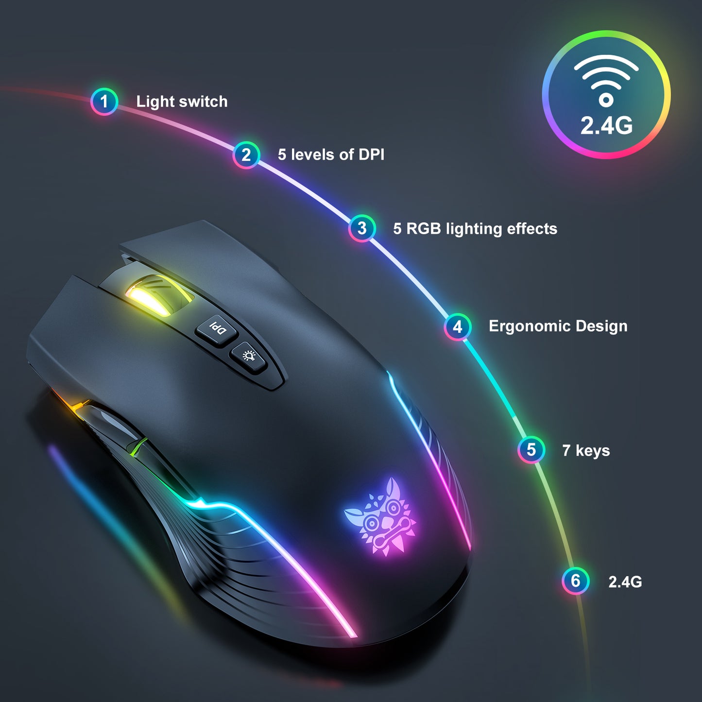 Wireless Black Gaming Mouse Office Mouse Work Mouse 3600 adjustable DPI RGB LED Light
