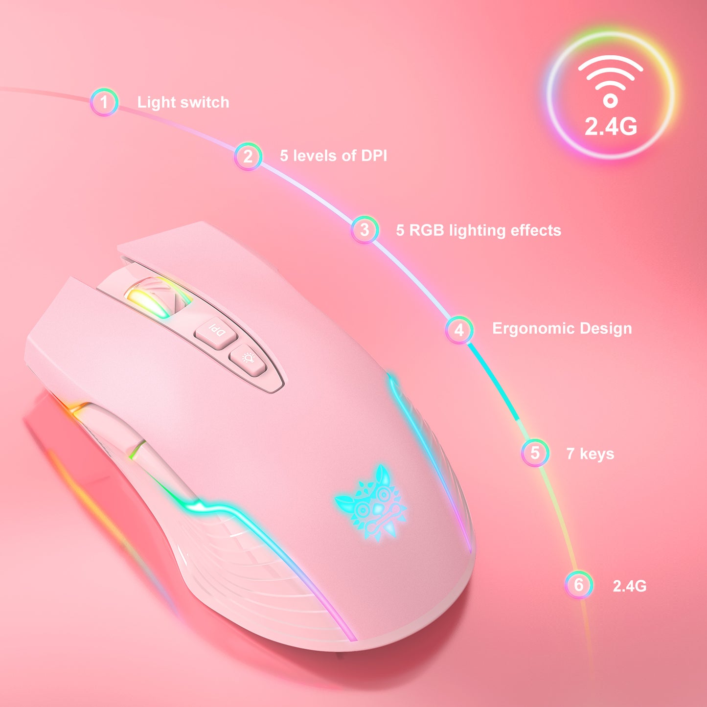 Wireless Pink Gaming Mouse Office Mouse Work Mouse 3600 adjustable DPI RGB LED Light