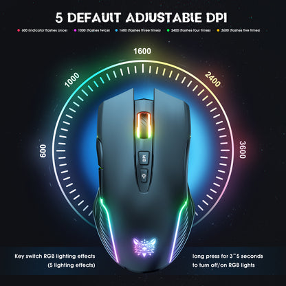 Wireless Black Gaming Mouse Office Mouse Work Mouse 3600 adjustable DPI RGB LED Light