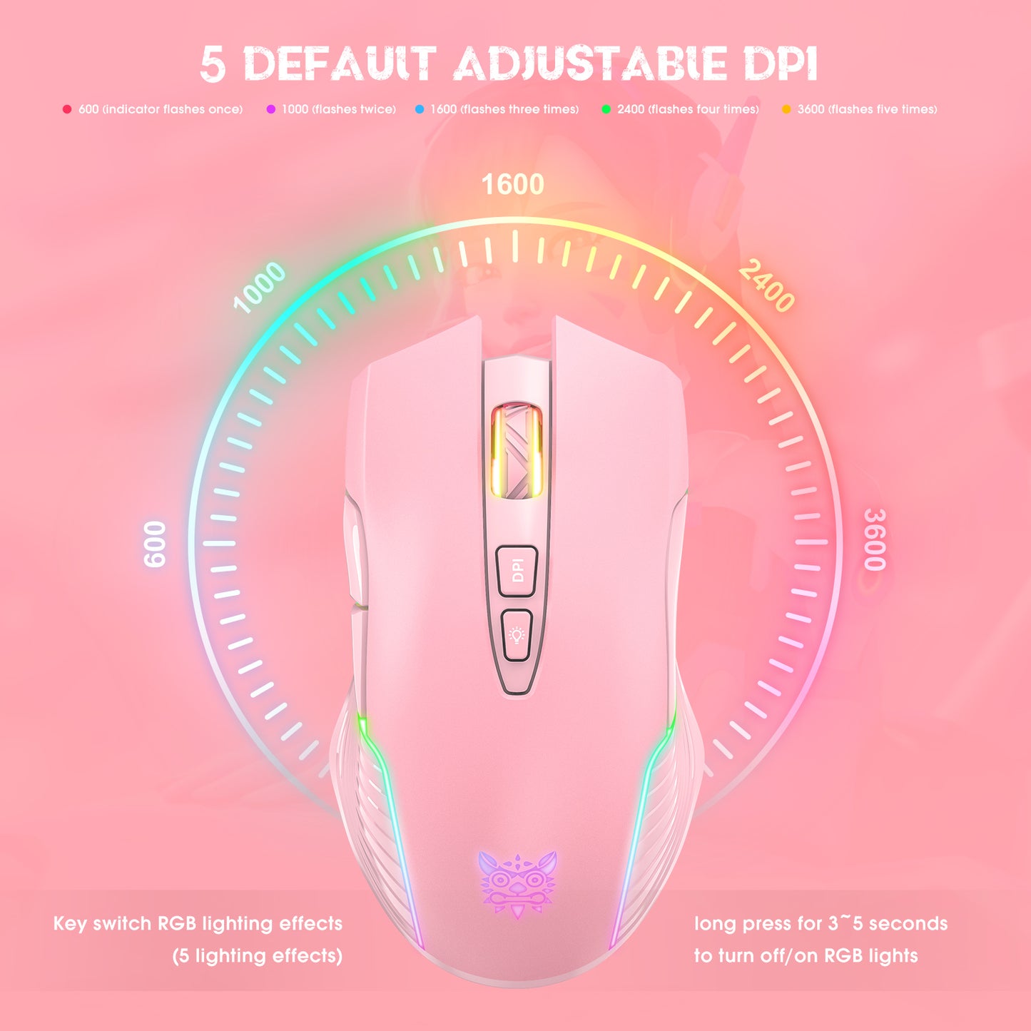 Wireless Pink Gaming Mouse Office Mouse Work Mouse 3600 adjustable DPI RGB LED Light
