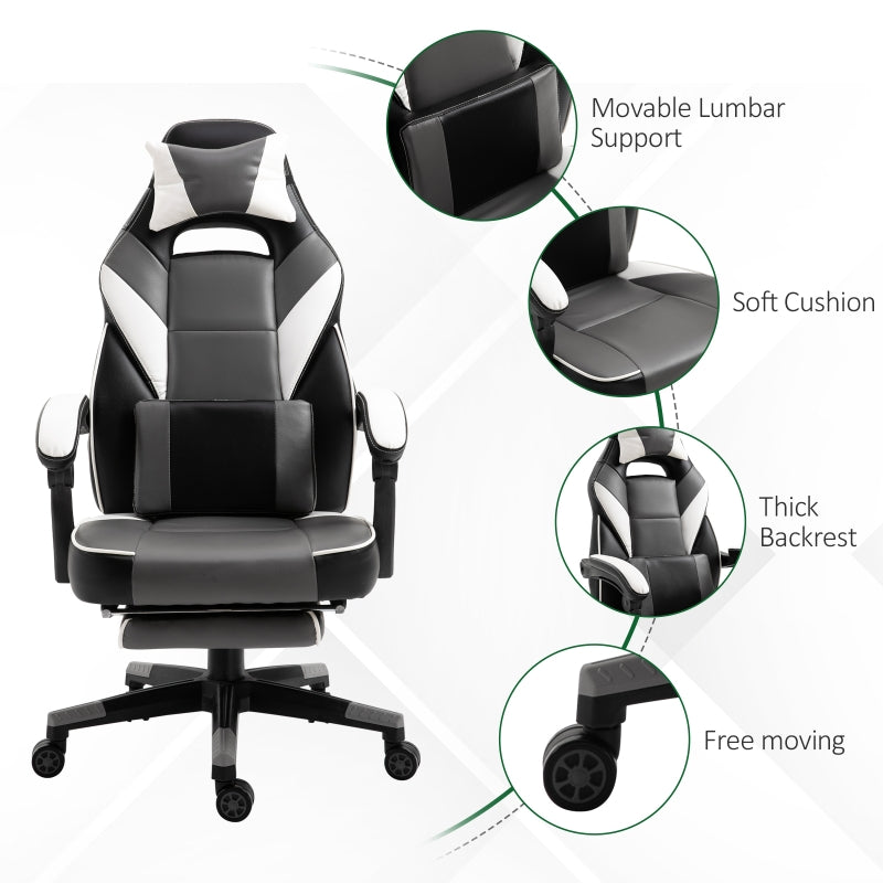 Gaming Chair Ergonomic Recliner w/ Thick Padding Footrest Headrest Lumbar Pillow 5 Wheels Racing Swivel Height Adjustable Home Office Chair Grey