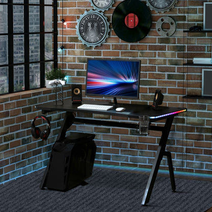 Racing Style LED Gaming Desk Office Desk Computer Table RGB Carbon Fibre Surface Headphone Hook Cup Holder Controller Rack Black