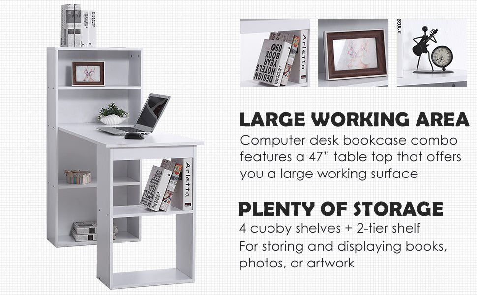 120cm Modern Computer Desk Bookshelf Study Table Workstation PC Laptop Writing Home Office 6 Shelves White