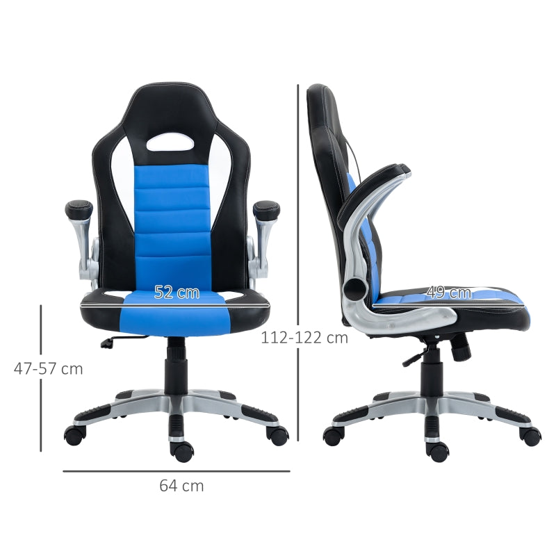 Computer Gaming Chair, Office Desk Swivel Chair, PU Leather Racing Chair with 90° Flip-up Armrest, Adjustable Height and Rolling Wheels, Blue
