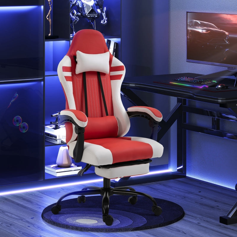 PU Leather Gaming Chair with Headrest, Footrest, Wheels, Adjustable Height, Racing Gamer Chair, Red White