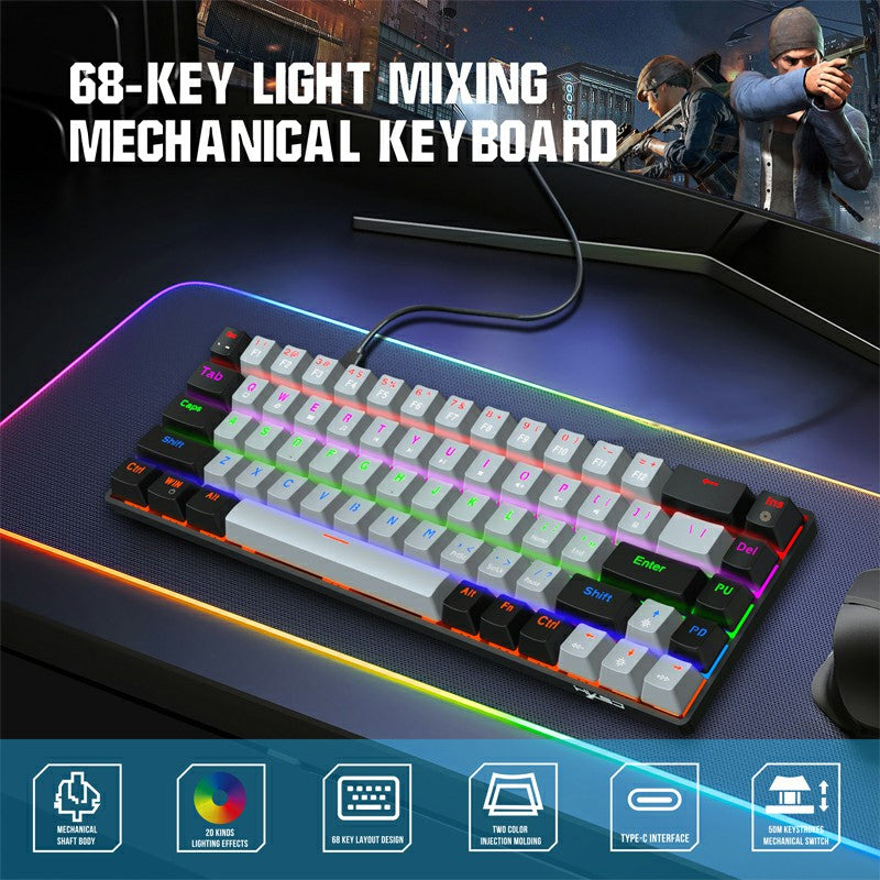 V800 68 Keys Keycap RGB Lighting Effect Metal Panel Mechanical Keyboard Grey