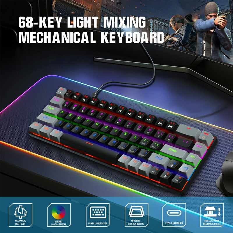 V800 68 Keys Keycap RGB Lighting Effect Metal Panel Blue-Switch Mechanical Keyboard