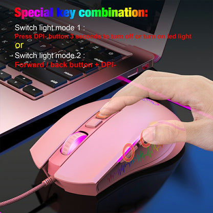 3600 DPI RGB Lighting Wired LED Changeable Colours Programmable Pink Gaming Mouse - Pink