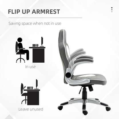 Computer Gaming Chair, Office Desk Swivel Chair, PU Leather Racing Chair with 90° Flip-up Armrest, Adjustable Height and Rolling Wheels, Grey