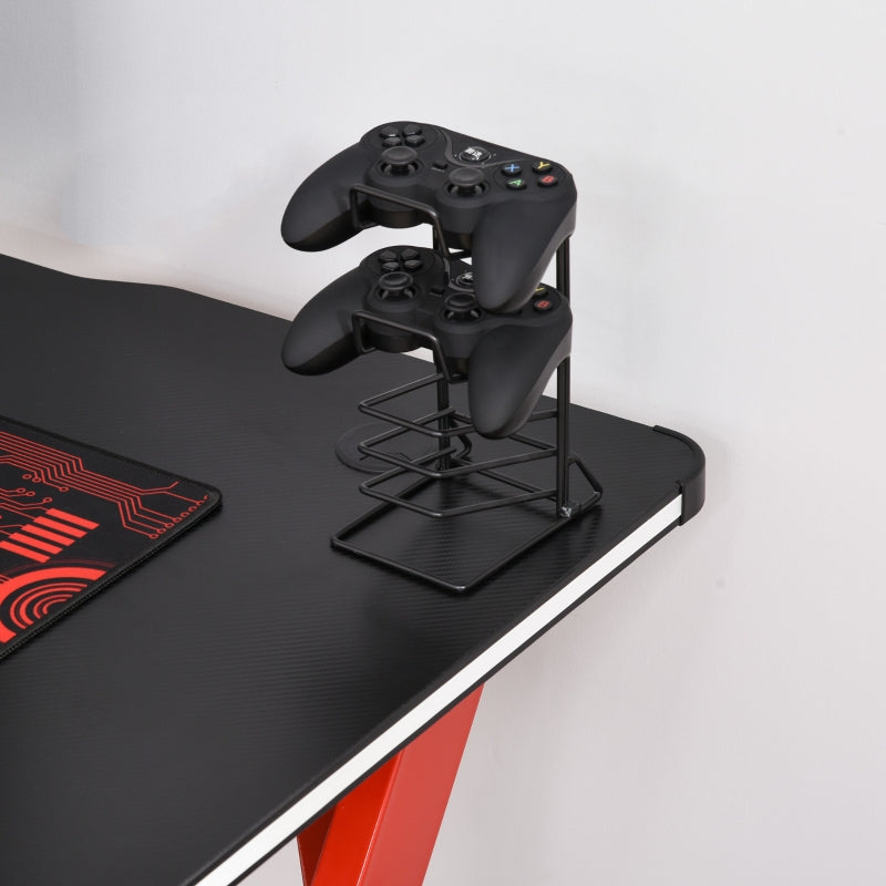 Racing Style LED Gaming Desk Office Desk Computer Table RGB Carbon Fibre Surface Headphone Hook Cup Holder Controller Rack Black And Red
