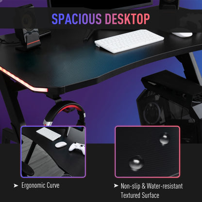Racing Style LED Gaming Desk Office Desk Computer Table RGB Carbon Fibre Surface Headphone Hook Cup Holder Controller Rack Black