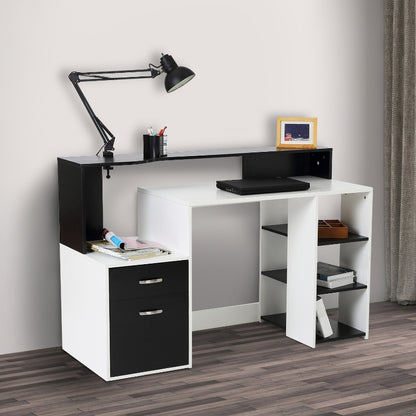 Modern Computer Desk with Drawers and Storage Shelves, Study Workstation, Writing Desk with Printer Stand for Home Office, Black and White