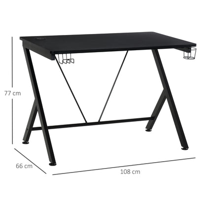 Gaming Desk Computer Table Metal Frame with Cup Holder, Headphone Hook, Cable Hole, Black